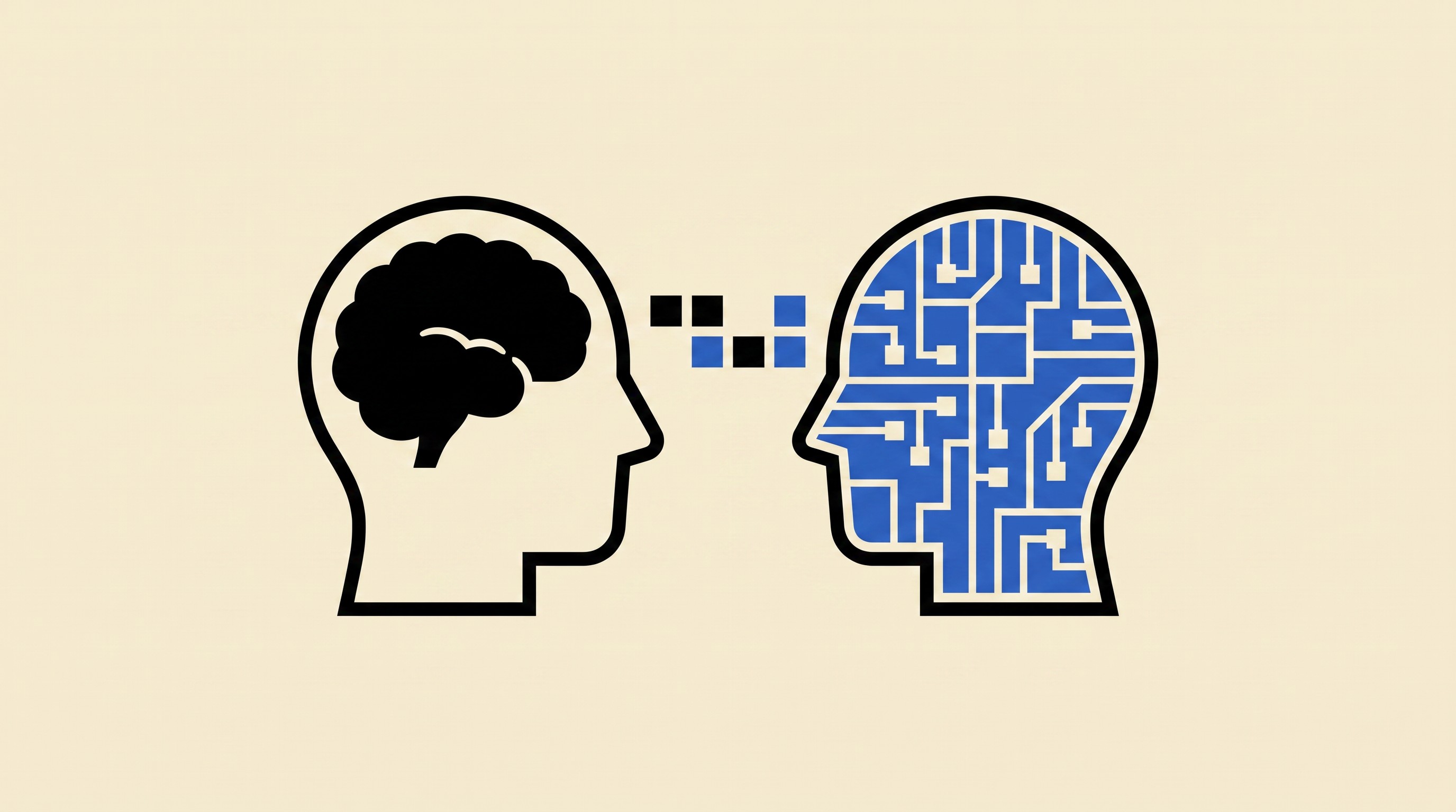Two head silhouettes facing each other, one filled with an organic black brain shape, the other with a rigid cobalt-blue circuit-grid pattern, with small square tiles floating between them.
