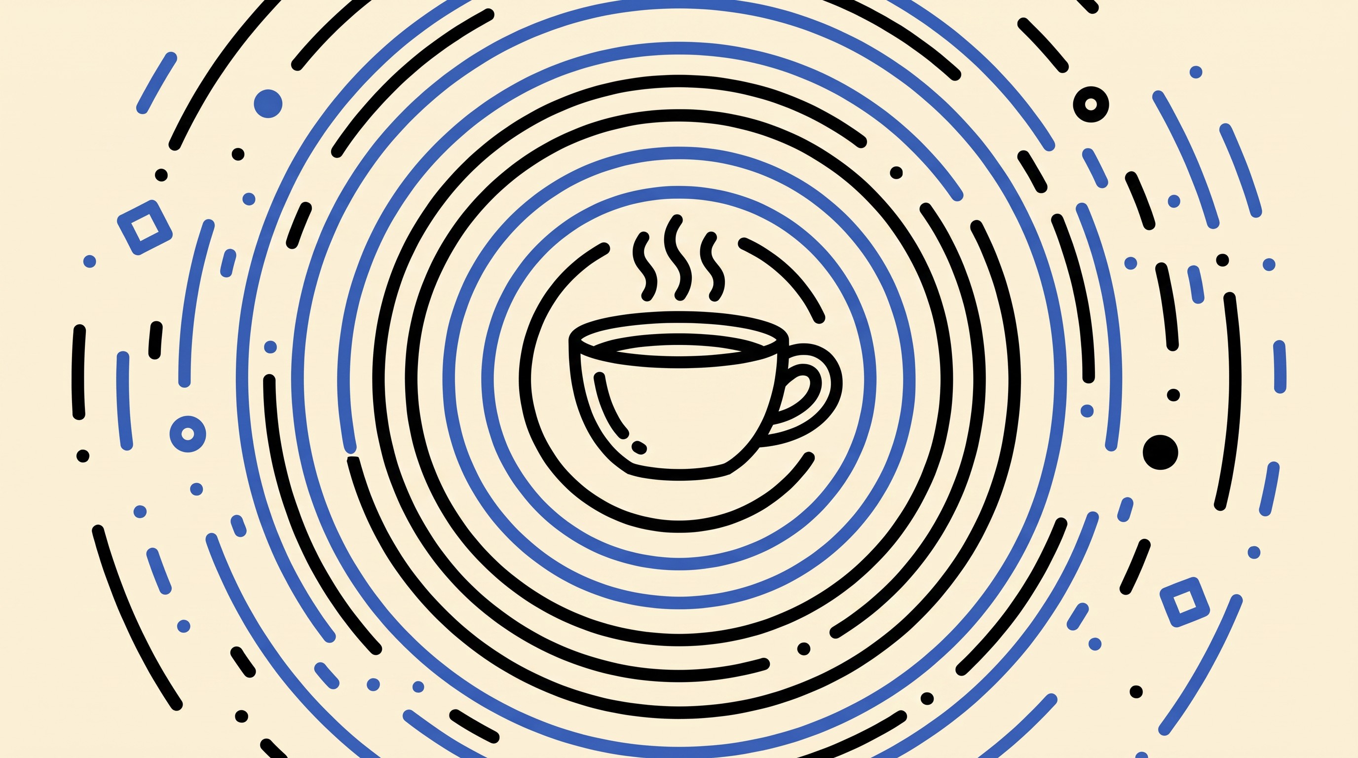 A steaming teacup at the center of concentric black and cobalt-blue rings, dissolving outward into scattered dots and dashes as the warmth spreads and fades.