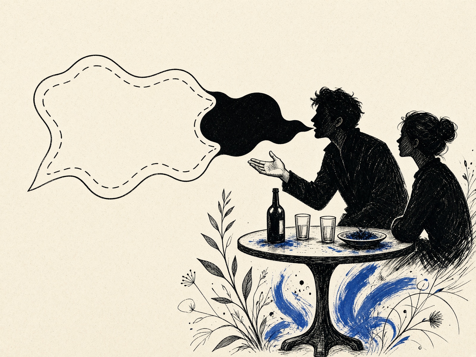 Two silhouettes at a dinner table; the speaker’s talk-shape starts solid and becomes a hollow outline.