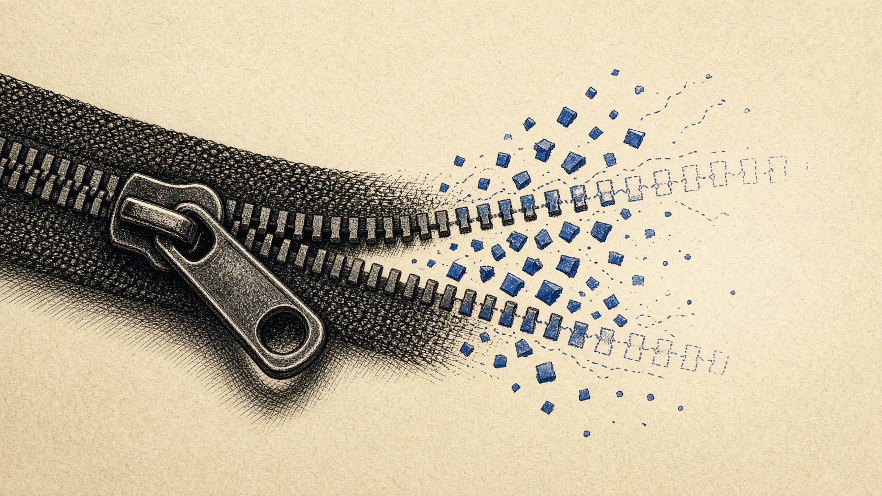 A zipper that starts fully meshed on the left and unmeshes into loose cobalt-blue fragments on the right.