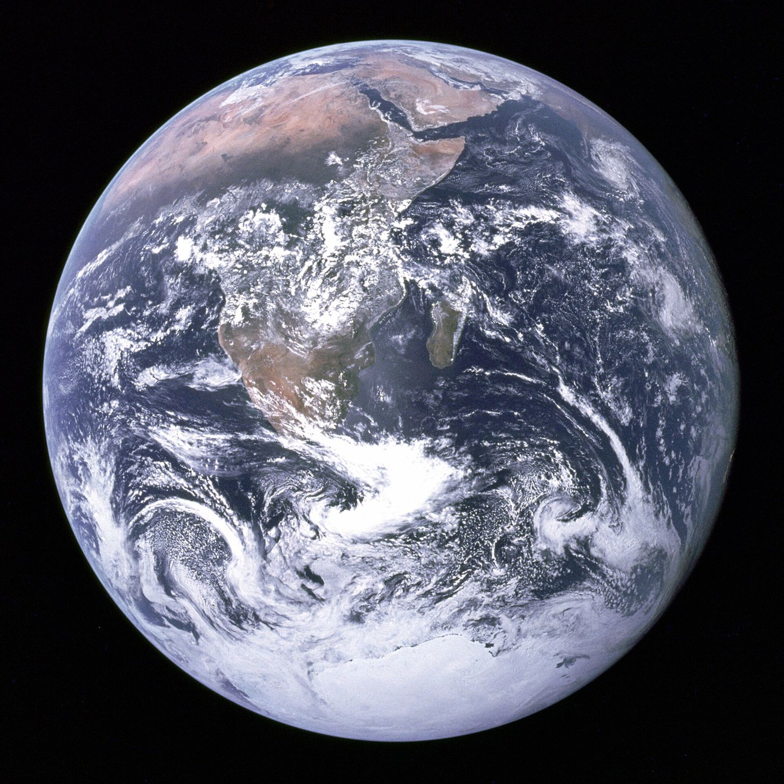 The Earth, fully lit, photographed by the Apollo 17 crew on the way to the Moon in December 1972.