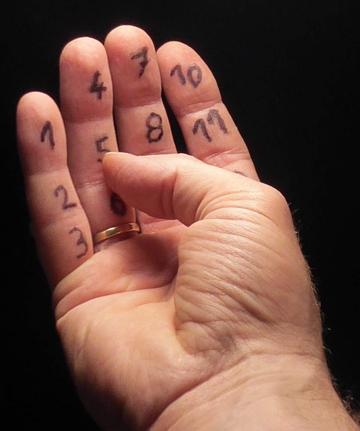 A photograph of a hand counting to twelve by touching the finger-bones with the thumb.