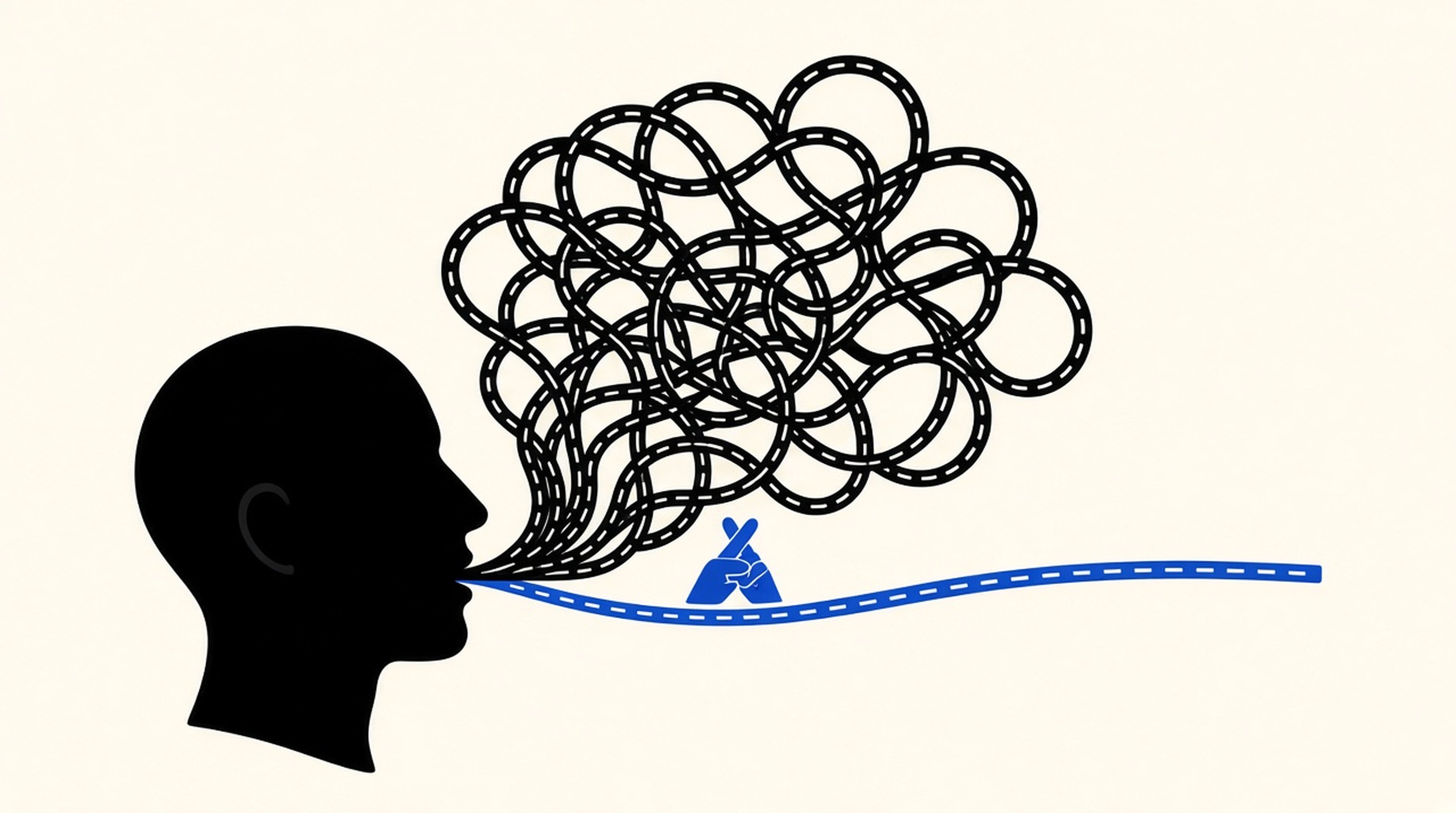 A black silhouette of a head in profile on a cream background; tangled black dashed-road speech paths swirl from the mouth while one straight cobalt-blue path runs forward, with a small cobalt crossed-fingers icon between them.