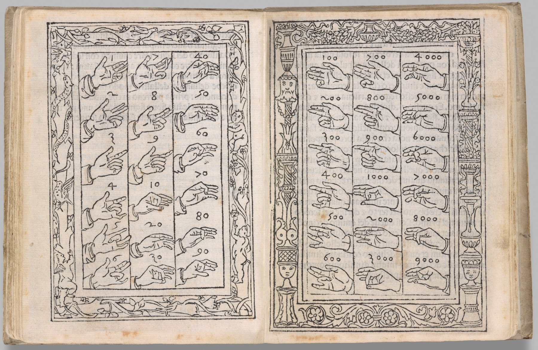 An open fifteenth-century printed book with woodcut hands on both pages, each hand bending its fingers into a different number, with numerals from 1 to 9000 inside decorative borders.