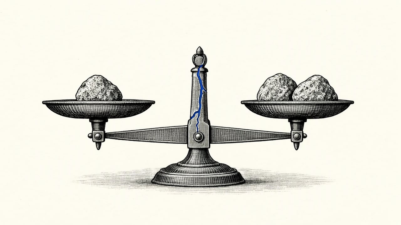 Cream-paper ink drawing of an old balance scale holding one stone on one pan and two on the other, sitting level, with a thin cobalt crack running down its post.