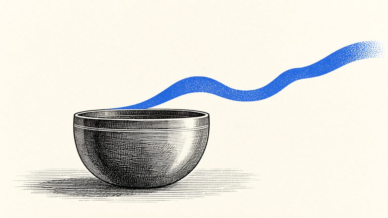 Cream-paper ink drawing of a hatched singing bowl with one cobalt sound wave rising from its rim and drifting across empty paper.