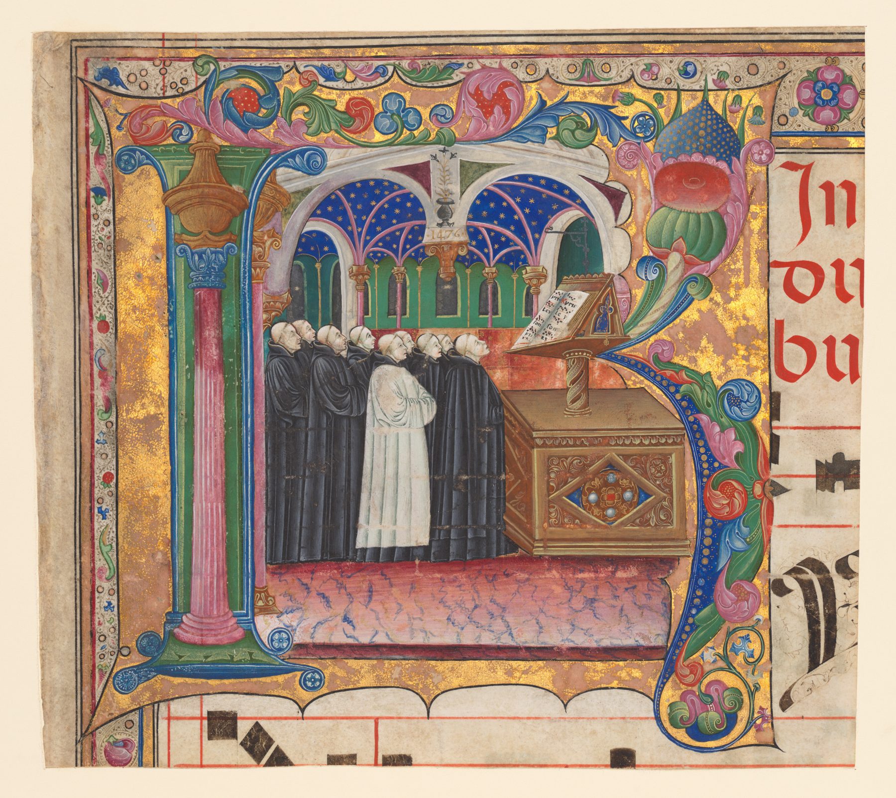 Fifteenth-century manuscript illumination of black-robed monks singing before a lectern with an open choir book, inside a gilded initial K.