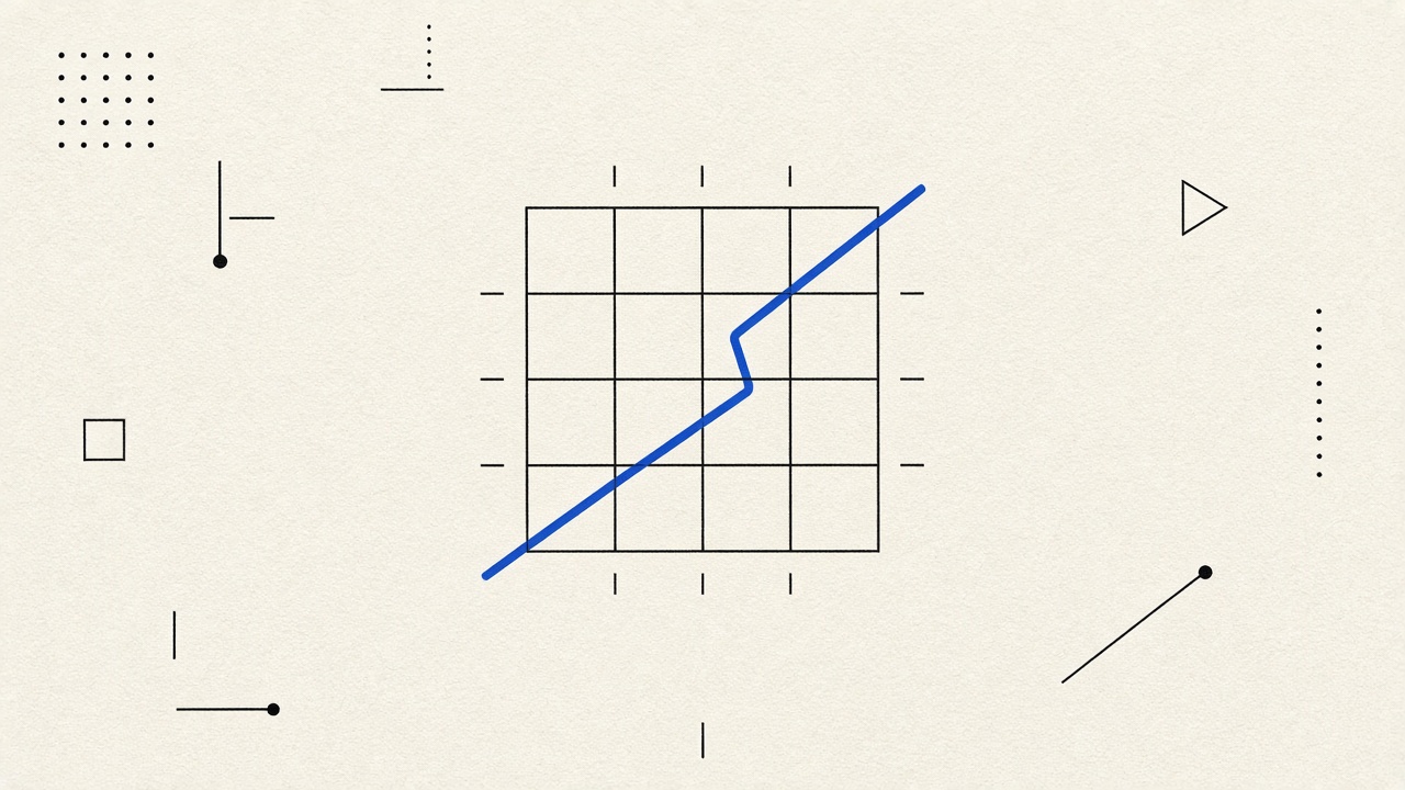 Black grid with a cobalt anomaly path cutting through, cream paper OTP/security diagram.