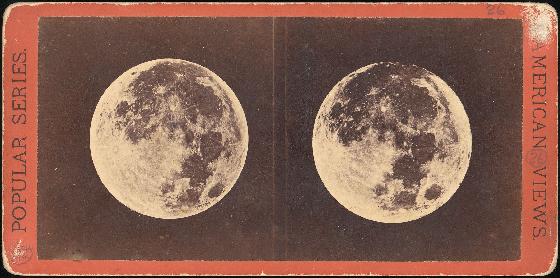 Stereograph card with two photographs of the full Moon side by side, mounted on an orange card.