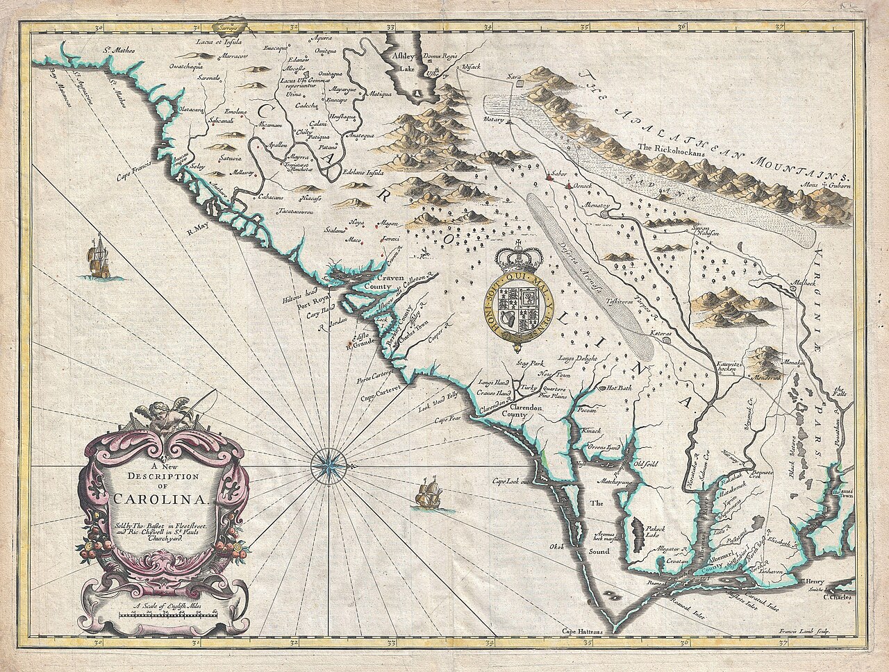 A 17th-century map of Carolina with geographic distortions typical of incomplete sources