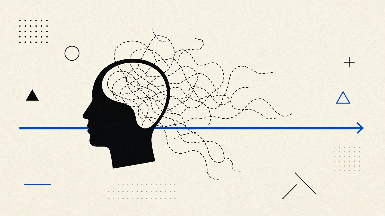 Black head silhouette with tangled dashed thoughts and a cobalt path arrow through it on cream paper.