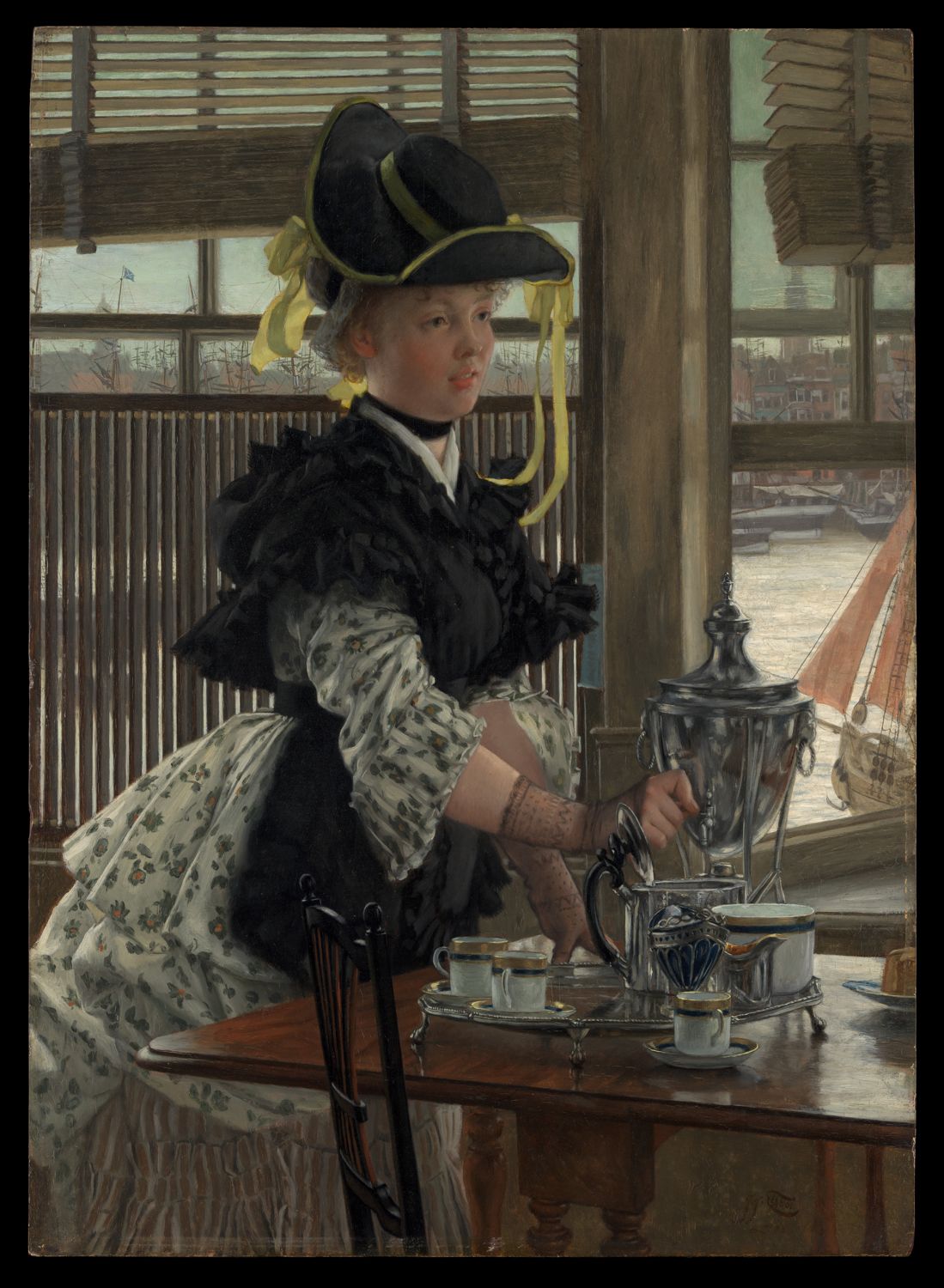 James Tissot painting of a young woman in a black bonnet pouring from a silver tea urn at a table by a window.