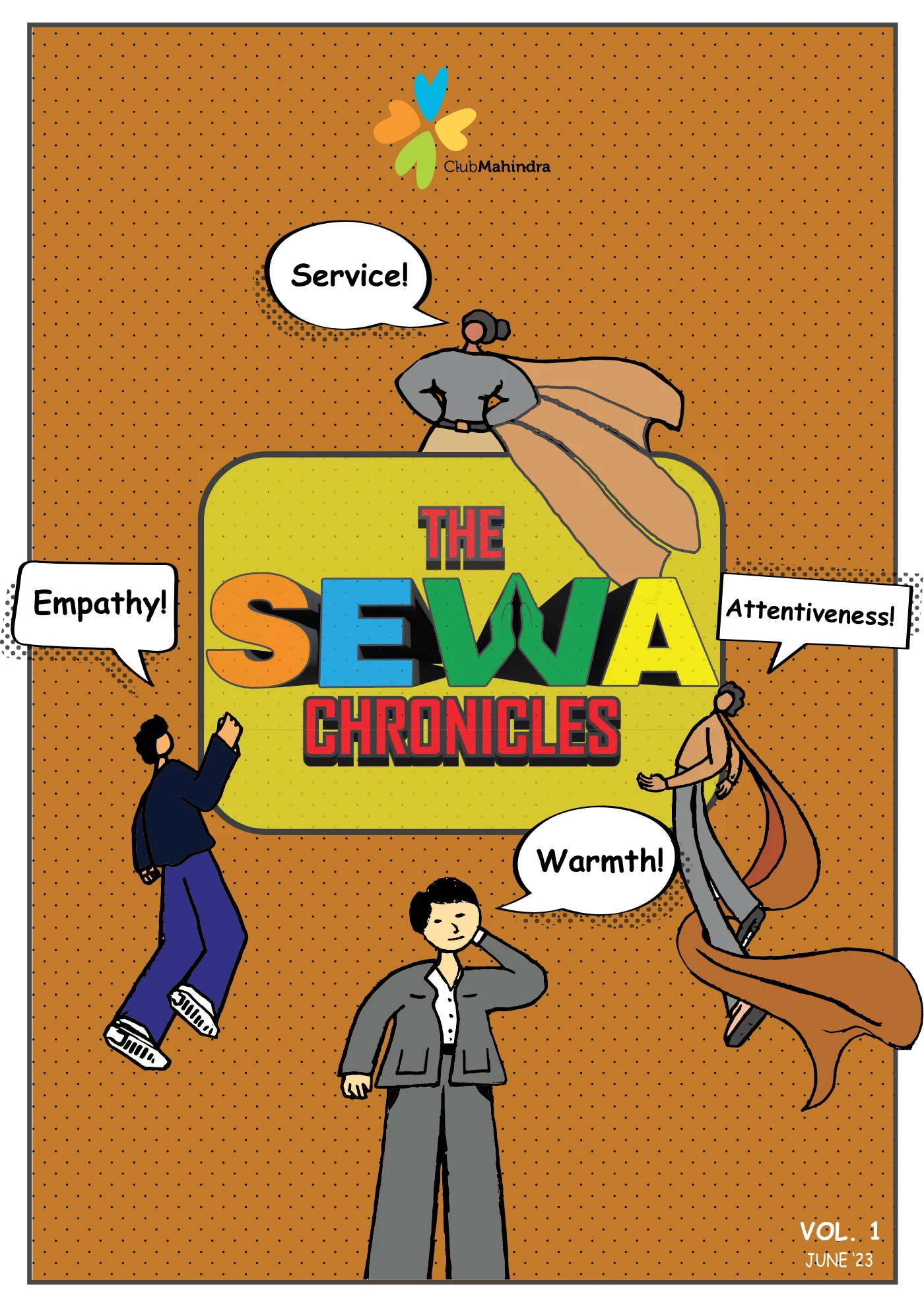 The SEWA Chronicles comic cover, showing four resort staff around the words Service, Empathy, Warmth and Attentiveness.